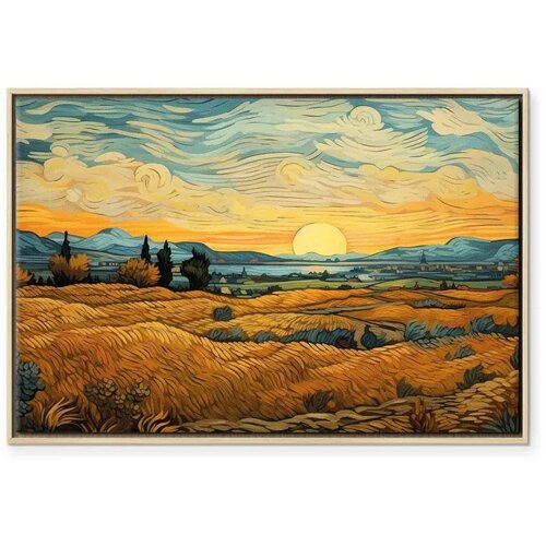 Slika - Impressionistic fields - painted golden landscape with fields of grain 120x80 U prirodnom drvenom okviru Slike