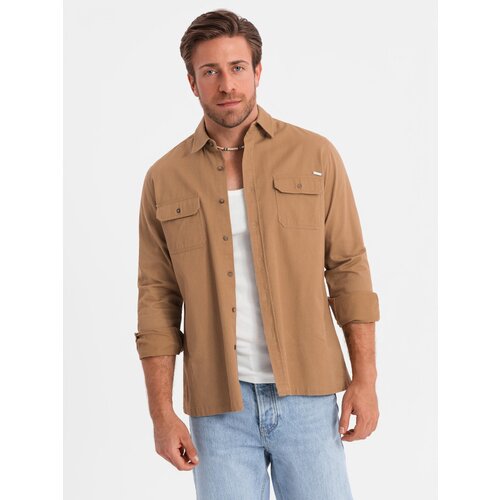 Ombre Men's REGULAR FIT cotton shirt with buttoned pockets - camel Cene