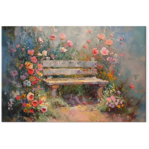  Slika - Flowery bench - impressionist painting full of flowers 120x80 Standard Cijene