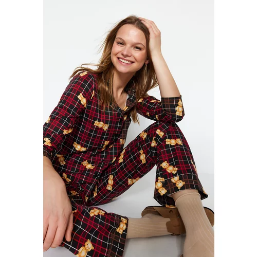 Trendyol Multi Color 100% Cotton Teddy Bear Printed Plaid Shirt-Pants Knitted Pajamas Set