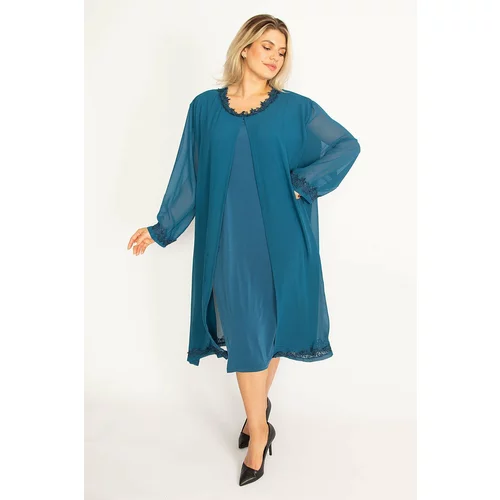 Şans Women's Plus Size Oil Chiffon Cape Lace Detailed Evening Dress