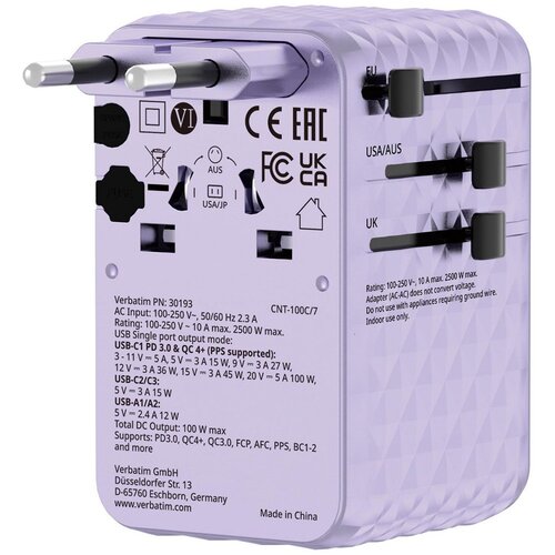 Verbatim Charge 'n' Travel 100W Universal Travel Adapter with retractable cable Purple Cijene