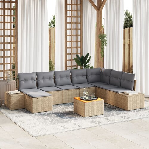 VidaXL 9 delni vrtni sofa set z blazinami Bež Poli ratan Akacija Slike