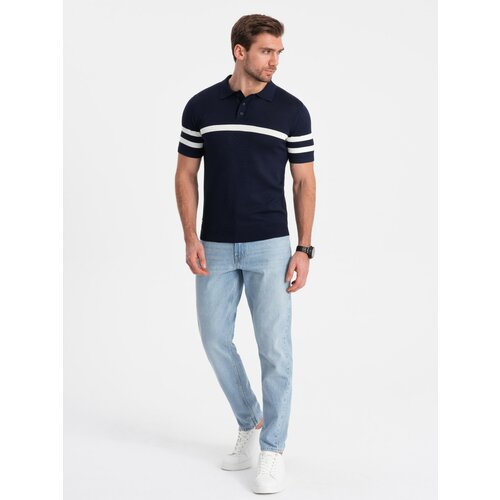 Ombre Men's soft knit polo shirt with contrasting stripes - navy blue Cene