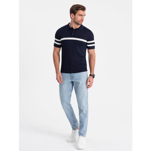 Ombre Men&amp;#039;s soft knit polo shirt with contrasting stripes - navy blue Slike