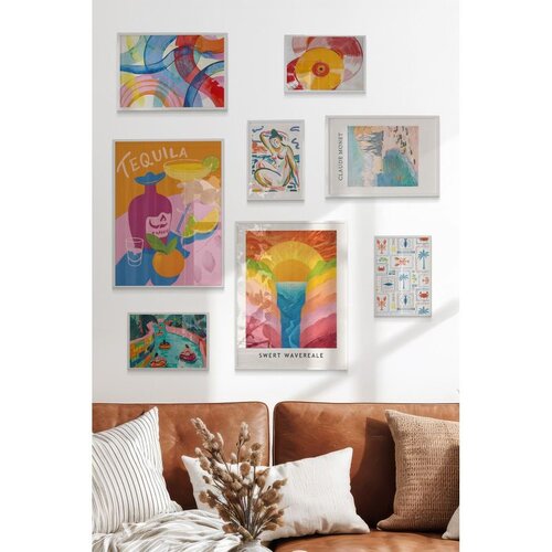 Wallxpert set od 8 manjih uramljenih slika &Ccedil;gs-079, &scaron;areni pop-art motivi &ndash; koktel tekila, zalazak sunca, gramofonska ploča i bazen, beli ram Cene