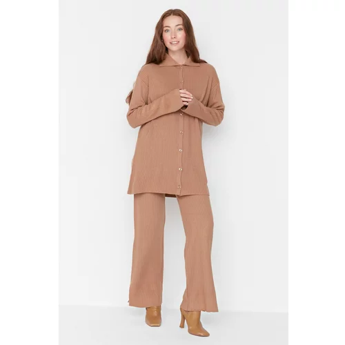 Trendyol Camel Button Knitwear Top and Bottom Set