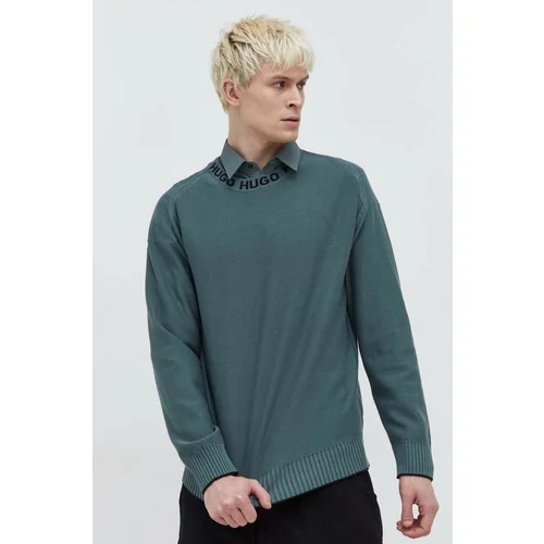 Hugo Pamučni pulover za muškarce, boja: zelena, lagani