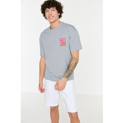 Trendyol Gray Men's Relaxed Fit Crew Neck Zero Sleeve Printed T-Shirt Cene
