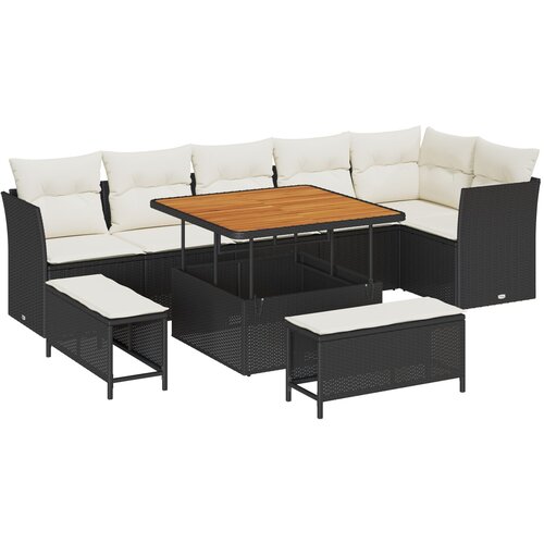 vidaXL 9-dijelni baštenski sofa set s jastučićima Crni Poli Ratan Akacija, 3-dijelni baštenski set za blagovanje s jastučićima Crni Poli Ratan Akacija Cene
