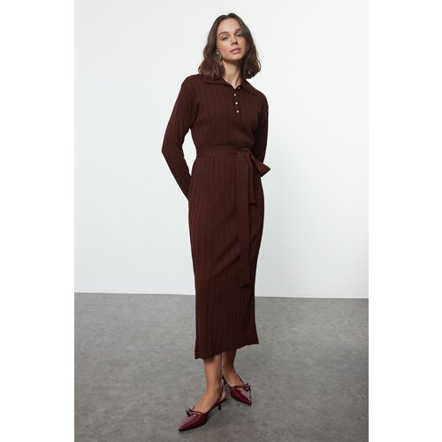 Trendyol Brown Belted Polo Collar Knitwear Ribbed Knitted Sweater Dress Slike