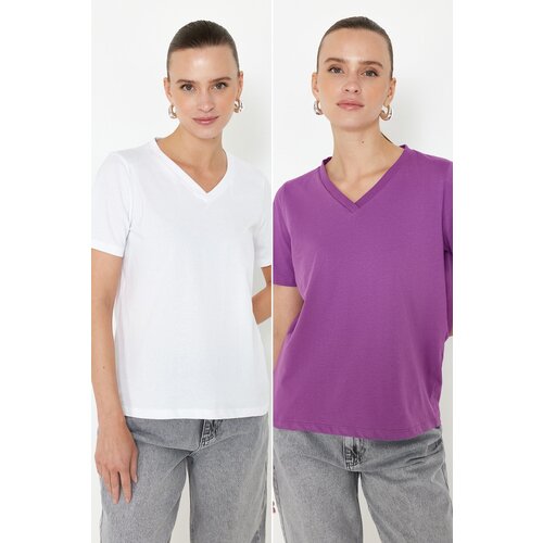 Trendyol Purple-White 100% Cotton 2-Pack Basic V-Neck Knitted T-Shirt Slike