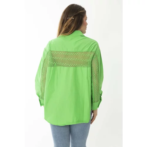 Şans Women's Plus Size Green Back Lace Detail Long Sleeve Shirt