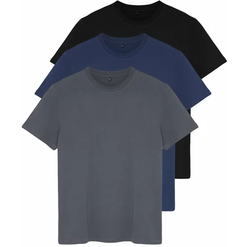 Trendyol Black-Navy-Anthracite Men's Regular/Normal Cut 3 Pack Basic T-Shirt