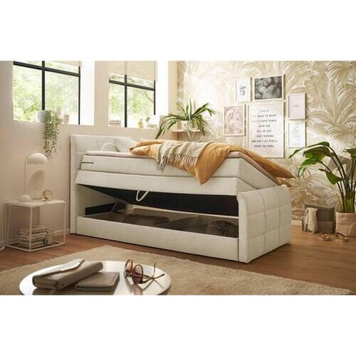 MID.YOU POSTELJA BOXSPRING 120 cm x 200 cm , tekstil, leseni material krem barve Slike