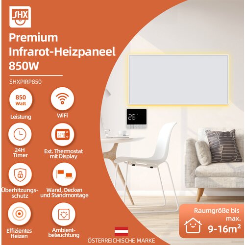 SHX PIRP850 Infracrveni grijac WIFI s upravljanjem putem aplikacije, 850 W za prostorije 9-16m&amp;sup2;, montaža na zid i str Slike