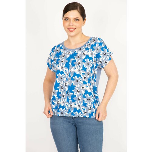 Şans Women's Blue Plus Size Front Patterned Blouse Slike