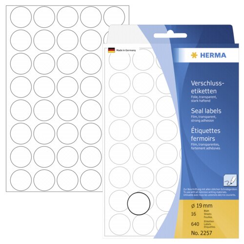 Herma Verschlussetik. rund 19mm 16 Sheet, 640 St&amp;uuml;ck, transp.2257 Slike