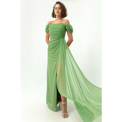 Lafaba Women's Green Boat Collar Draped Long Glittery Evening Dress with a Slit. Slike