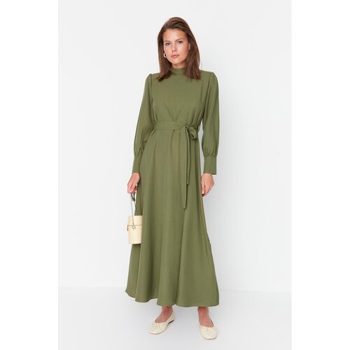 Trendyol Khaki Stand Up Collar Tie Waist Woven Dress Slike