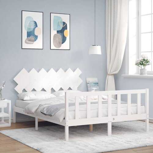 VidaXL Posteljni okvir z vzglavjem bel 140x190 cm trden les Slike