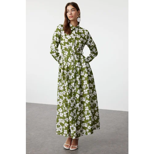 Trendyol Green Floral Patterned Belted Woven Hijab Dress