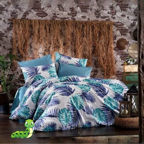 Gusenica posteljina za bračni krevet plavi listovi Slike