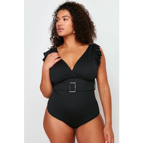 Trendyol curve black deep v arch knitted compression swimsuit Slike