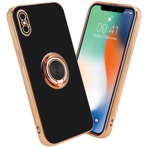 Cadorabo Ohi&amp;scaron;je, združljiv z Apple v sijajnem črni barvi - zlato z obročem - za&amp;scaron;čitni pokrov iz fleksibilnega silikona TPU, z za&amp;scaron;čito pred kamero in držalom magnetnega avtomobila, (20617144) Slike