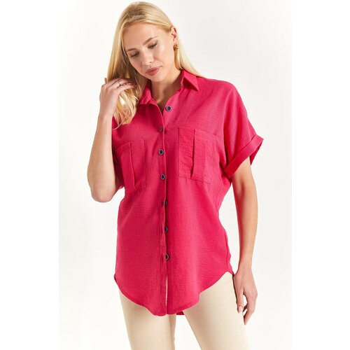 armonika Women's Fuchsia Linen Shirt with Double Pocket Detail and a yoke at the back Cene