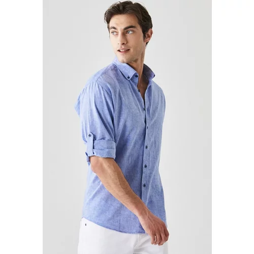 AC&Co / Altınyıldız Classics Men's Saxe Blue Comfort Fit Relaxed Cut Buttoned Collar Casual Linen Shirt