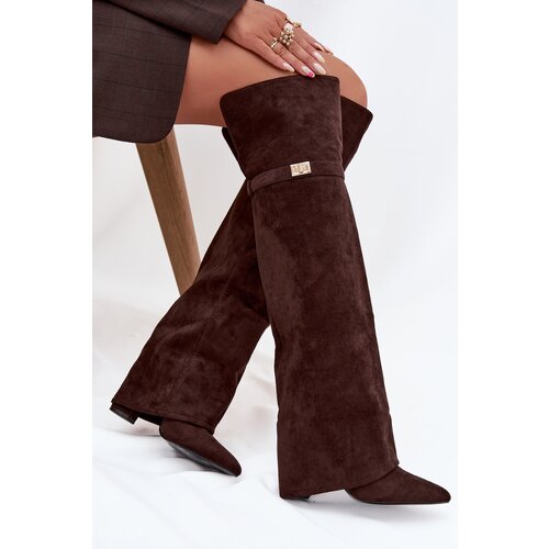 Boto Insulated boots with rolled top Over the knee block heel chocolate Serelle Cene