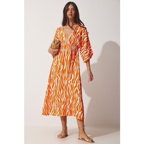  Women&amp;#039;s Orange Deep V-Neck Summer Long Viscose Dress Slike