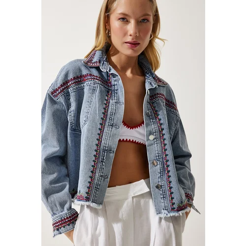 Happiness İstanbul Women's Light Blue Embroidered Denim Jacket