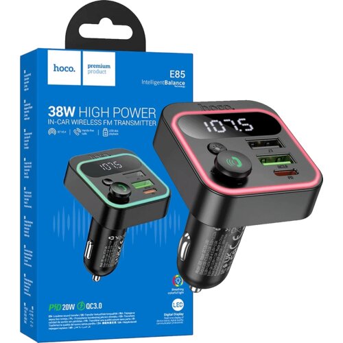 Hoco. FM modulator E85 Tiger, Bluetooth, 12/24V, 2 x USB, PD QC3.0 20W, Crni Slike
