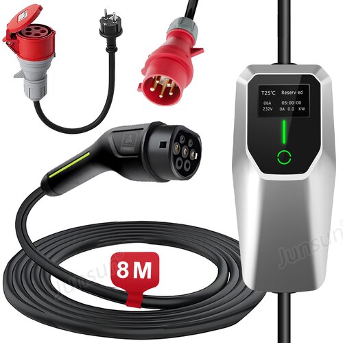 JUNSUN Tip 2 EV Polnilni Kabel za Električna Vozila &amp;ndash; 3-Fazni 11KW, Nastavljiv Tok, Prenosni Polnilec 8M s CEE16A Vtičnico in Torbico (6-16A)+napajalnik, (5000035260) Slike