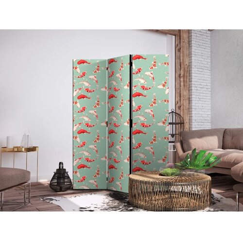  Paravan - Fish and Japanese Pattern - Koi Fish in Orange-Cream Colors on a Green-Mint Background with an Oriental Pattern 135x17 Cene