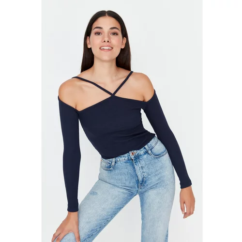 Trendyol Navy Blue Piping Detailed Corduroy Knitted Blouse