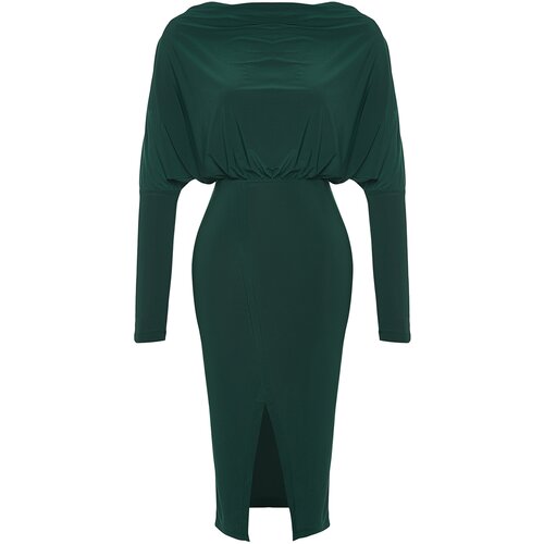 Trendyol Emerald Green Clad Collar A-Line / A-Line Formal Midi Stretch Knit Dress with a Slit Slike
