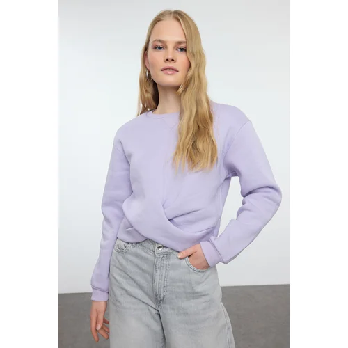 Trendyol Lilac Twist Detailed Crop Thick Inside Fleece Crew Neck Knitted Sweatshirt