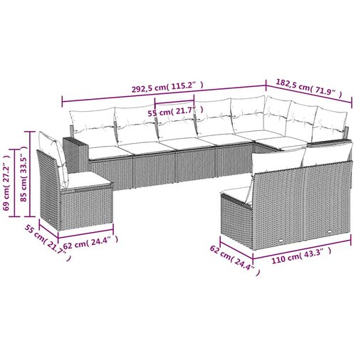  10-dijelni set vrtnih sofa s jastucima crni od poliratana Slike
