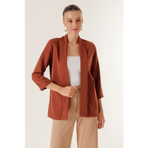 By Saygı Shawl Collar Length Lycra Double Sleeves Thin Striped Fabric Jacket Slike
