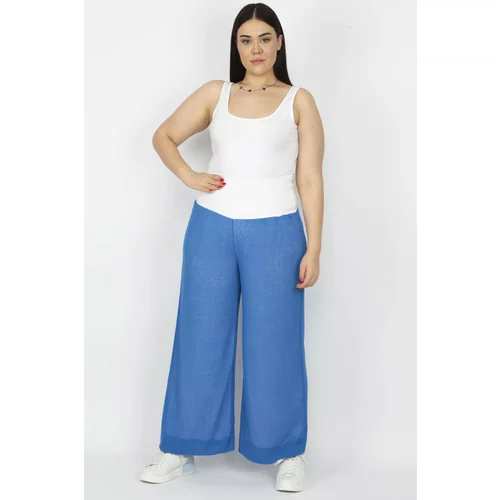 Şans Women's Plus Size Blue Corsage Belt Detailed Lined Knitted Fabric Trousers