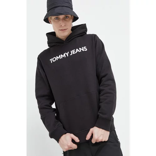 Tommy Jeans Bombažen pulover moška, črna barva, s kapuco