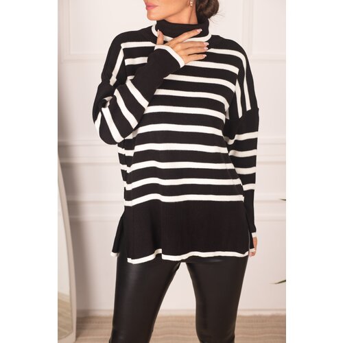 armonika Women's Black Turtleneck Stripe Knitwear Sweater Cene
