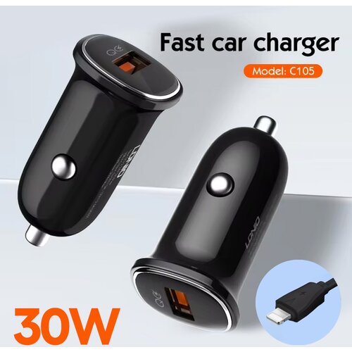  auto punjac ldnio C105, QC3.0, 30W usb lightning crni Cene