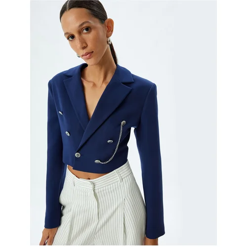 Koton Double Breasted Crop Blazer Jacket Reverse Collar Dobby Chain Detail Buttoned