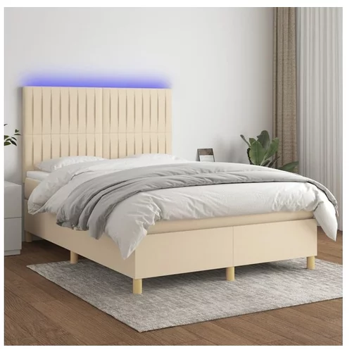  Box spring postelja z vzmetnico LED krem 140x200 cm blago