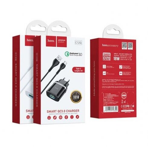 Hoco. pametni hi&amp;scaron;ni polnilec C12Q 3A z 3.0 QC USB vtičem in s polnilnim kablom Type C Slike