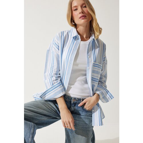  Women's White Blue Striped Cotton Oversize Shirt Cene